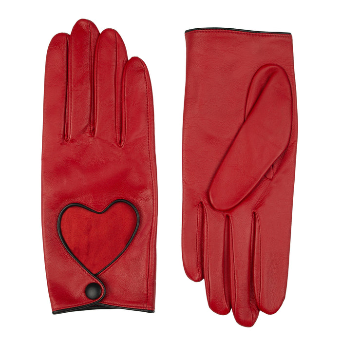 Women's leather driving gloves with heart cut out in berry/black - both gloves side by side