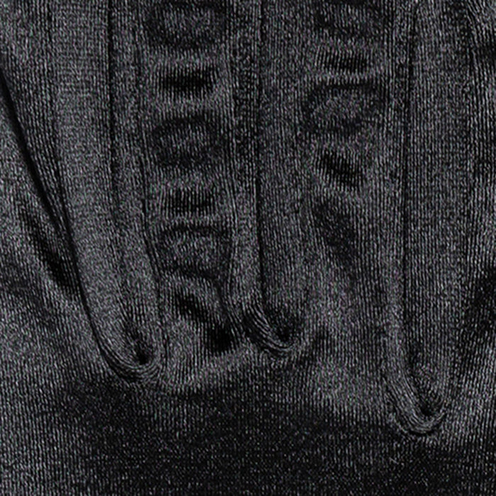 Women's long above-elbow satin gloves in black - close up of the stitching between fingers