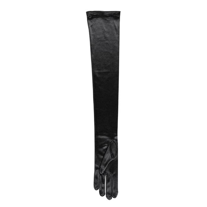 Women's long opera satin gloves in black - single glove palm up