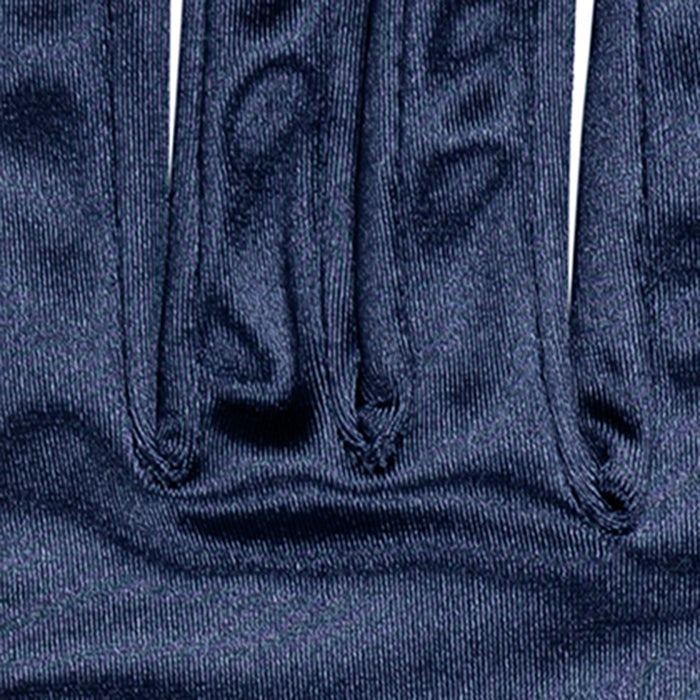 Women's long opera satin gloves in navy - stitching in between fingers