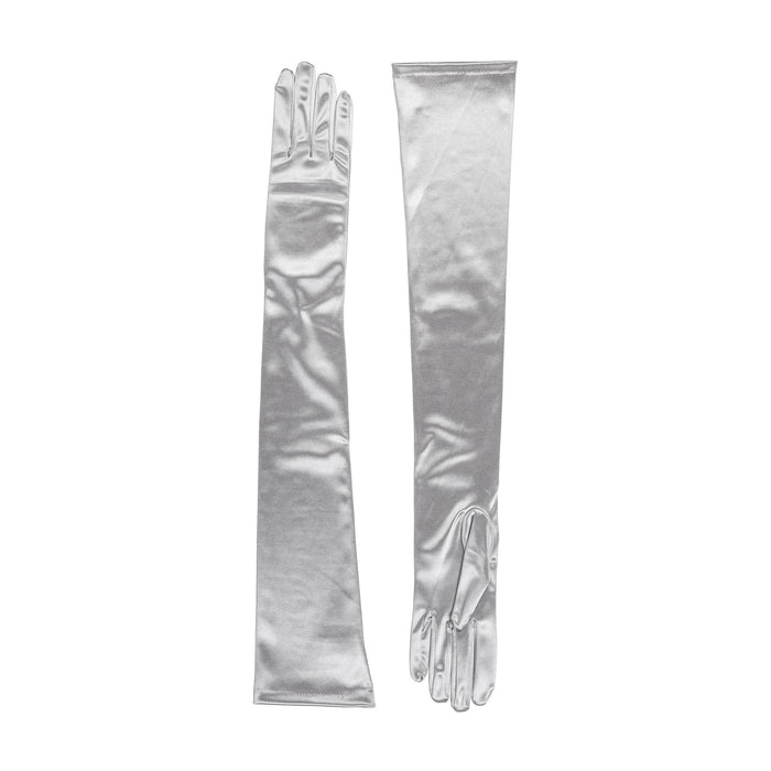 Women's long opera satin gloves in silver grey - both gloves