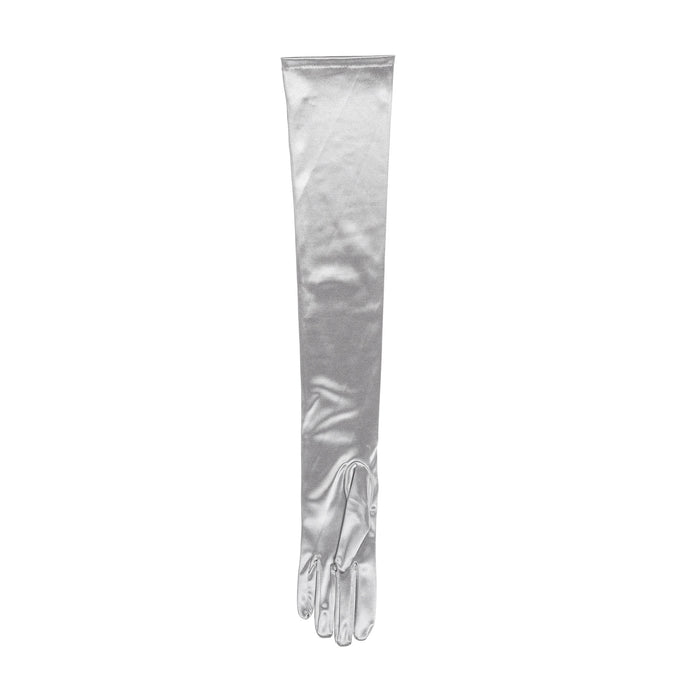 Women's long opera satin gloves in silver grey - single glove palm side