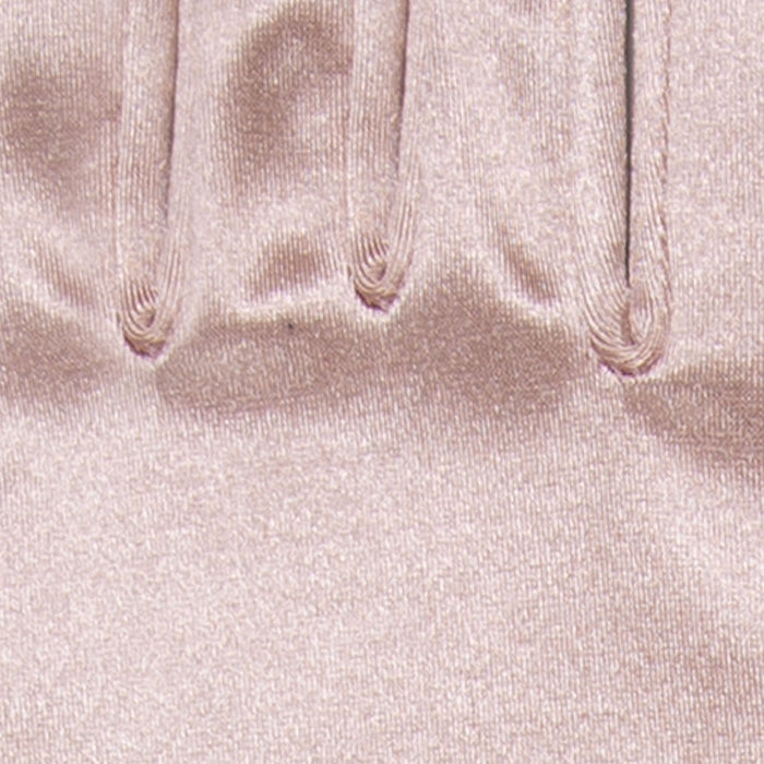 Women's long satin opera gloves in rose - close up of the inseam stitching between fingers