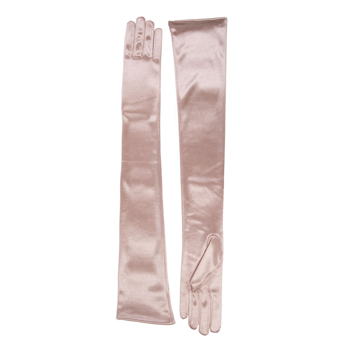 Women's long satin opera gloves in rose - both gloves next to each other