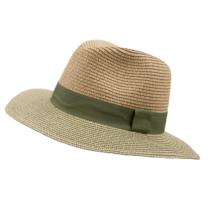 Women's Straw Fedora Hat with Band and Two-Tone Brim in Olive