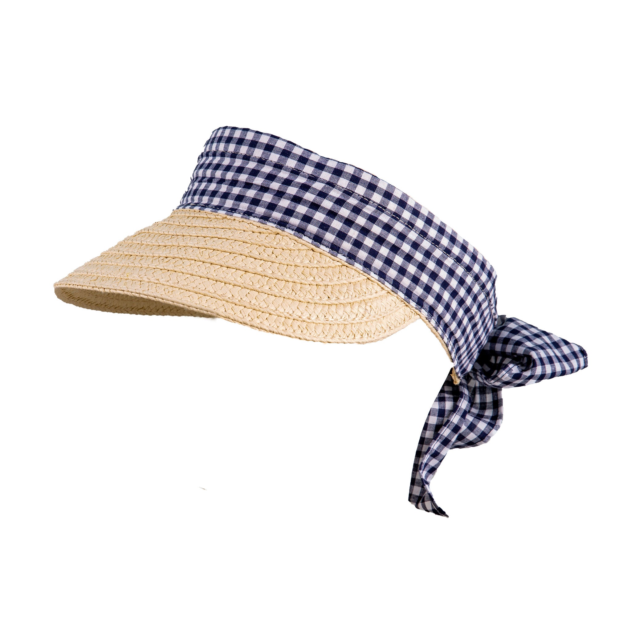 Women's Straw Sun Visor with Gingham Ribbon Band and Tie Dents