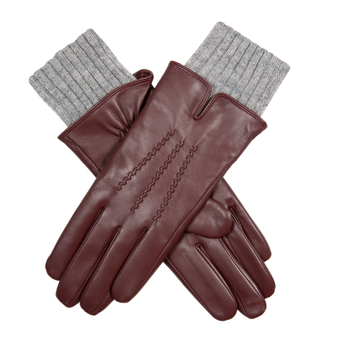 Dreipunkt-Lederhandschuhe für Damen mit Wollmischung und Strickbündchen
