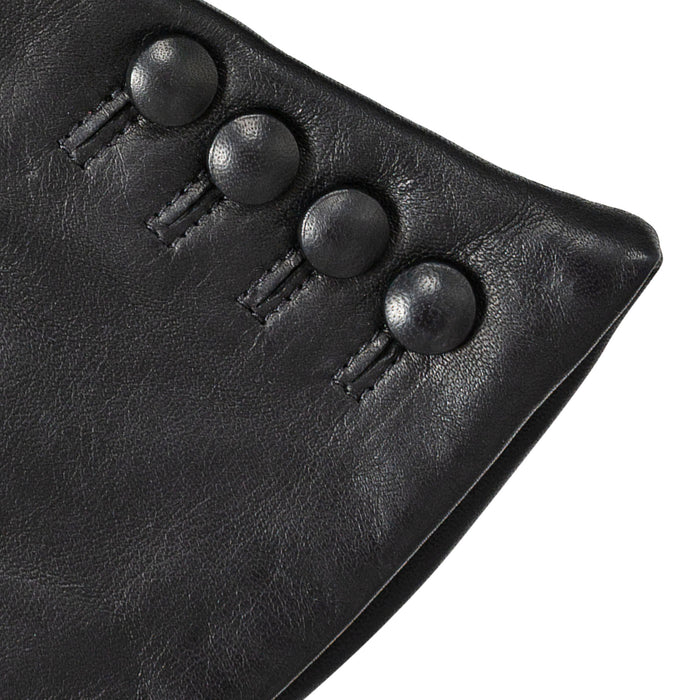 Women’s Touchscreen Three-Point Cashmere-Lined Leather Gloves with Buttons in Black cuff