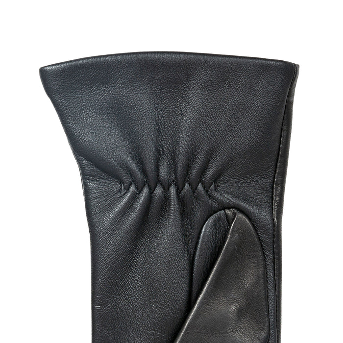 Women’s Touchscreen Three-Point Cashmere-Lined Leather Gloves with Buttons in Black left cuff