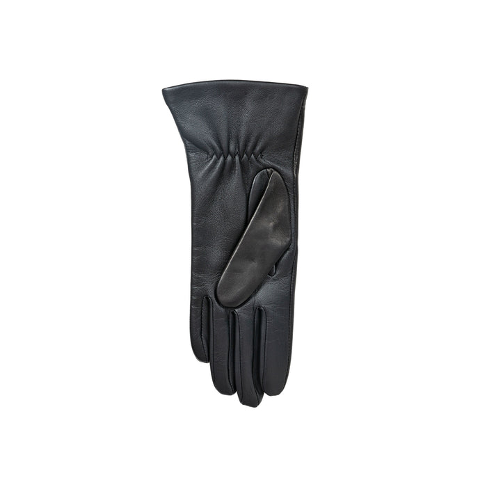 Women’s Touchscreen Three-Point Cashmere-Lined Leather Gloves with Buttons in Black left
