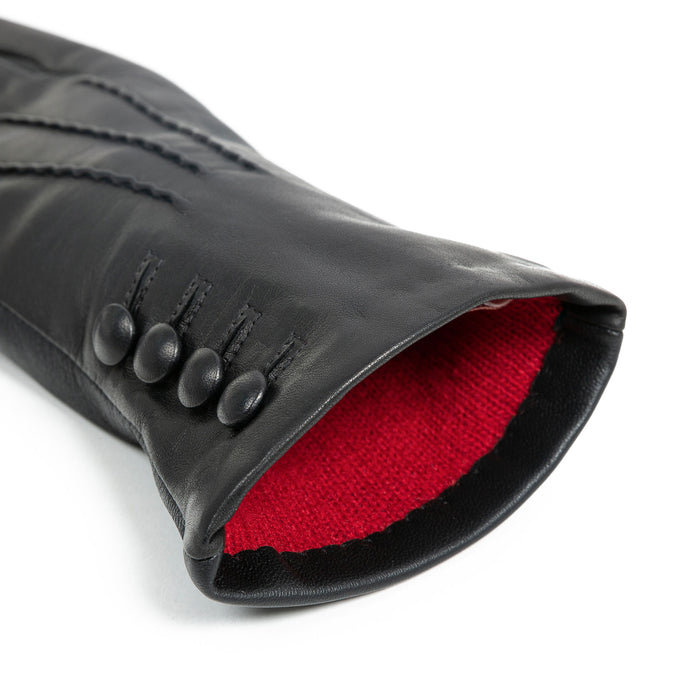 Women’s Touchscreen Three-Point Cashmere-Lined Leather Gloves with Buttons in Black open cuff