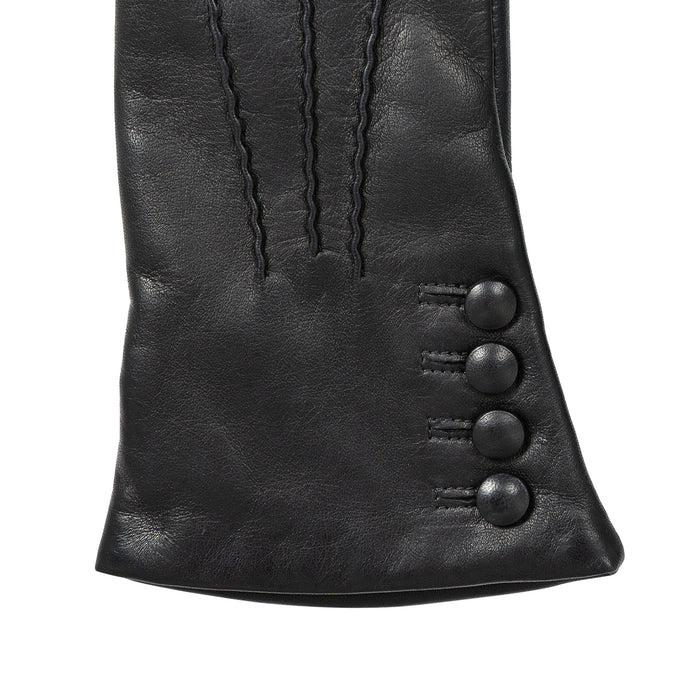 Women’s Touchscreen Three-Point Cashmere-Lined Leather Gloves with Buttons in Black right cuff