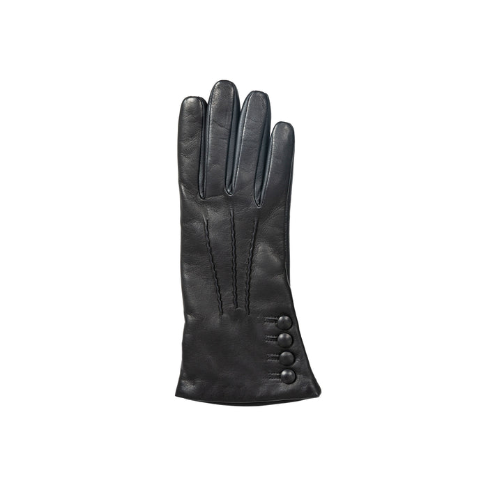 Women’s Touchscreen Three-Point Cashmere-Lined Leather Gloves with Buttons in Black right