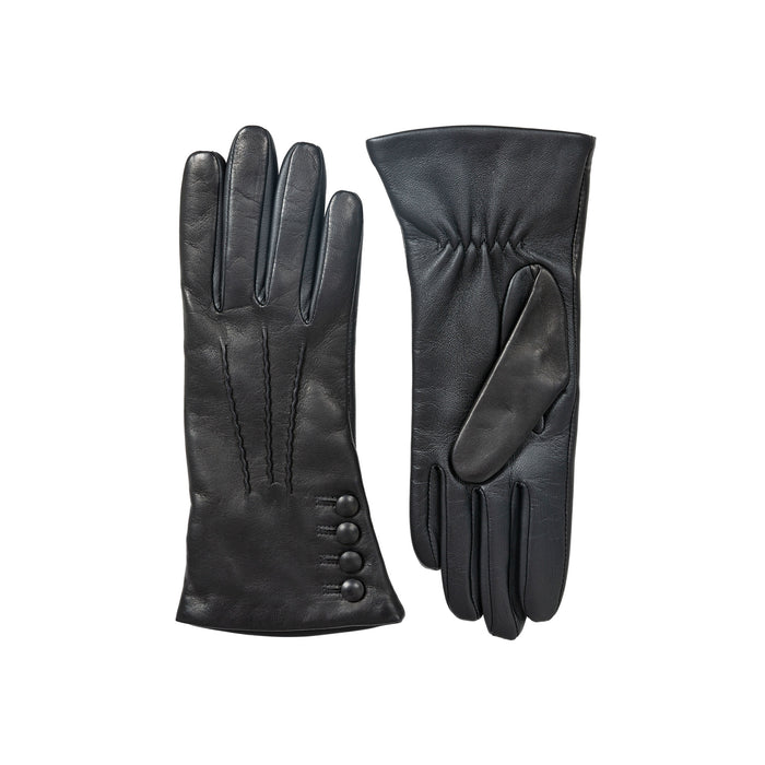 Women’s Touchscreen Three-Point Cashmere-Lined Leather Gloves with Buttons in Black side