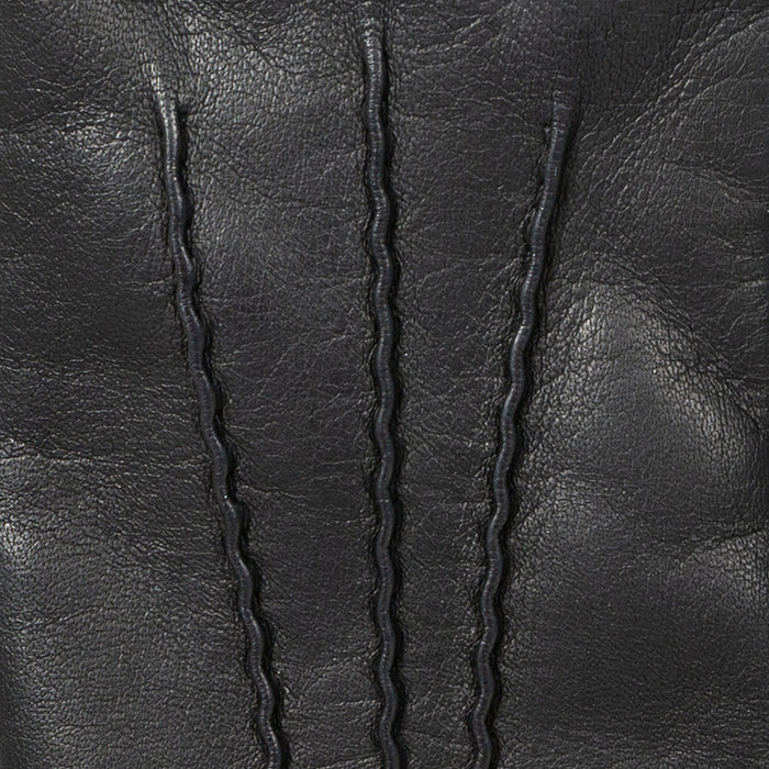 Women’s Touchscreen Three-Point Cashmere-Lined Leather Gloves with Buttons in Black stitching