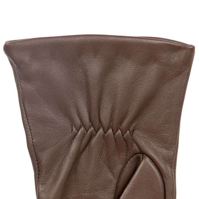 Women’s Touchscreen Three-Point Cashmere-Lined Leather Gloves with Buttons in mocca left cuff