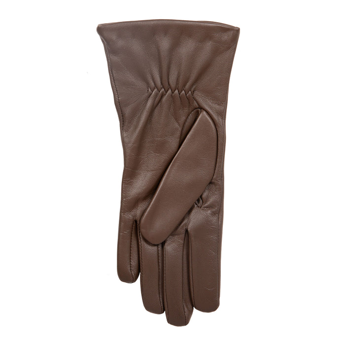 Women’s Touchscreen Three-Point Cashmere-Lined Leather Gloves with Buttons in mocca left