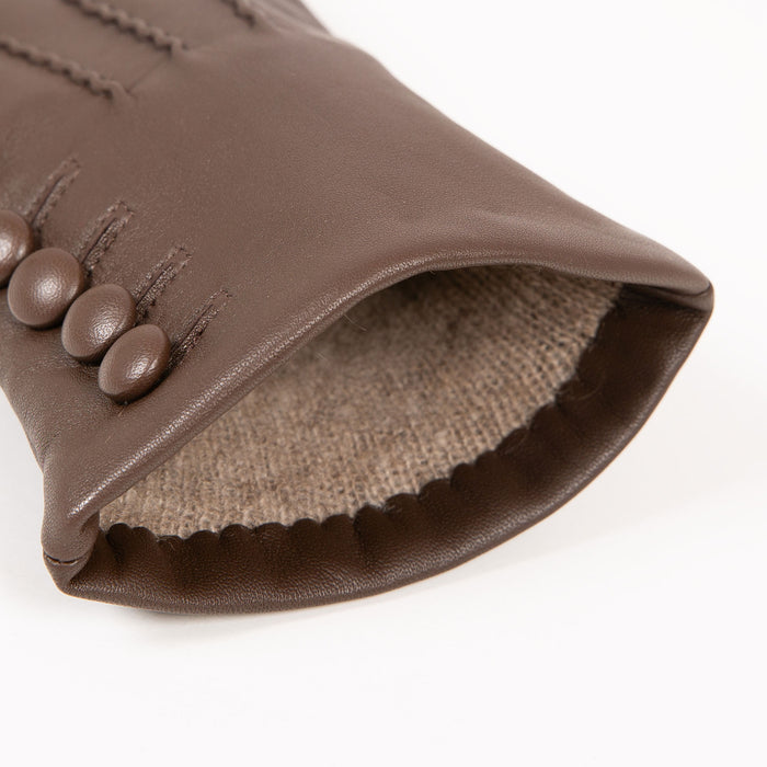 Women’s Touchscreen Three-Point Cashmere-Lined Leather Gloves with Buttons in mocca open cuff