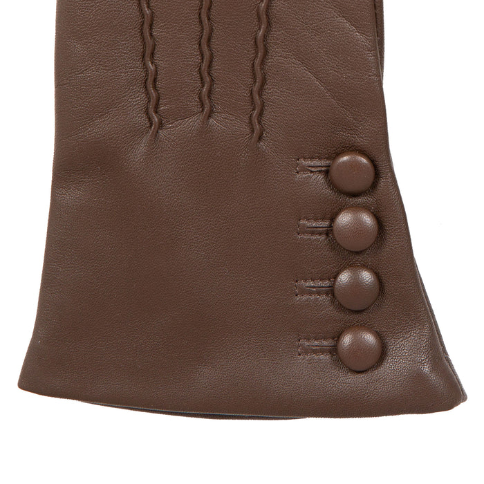 Women’s Touchscreen Three-Point Cashmere-Lined Leather Gloves with Buttons in mocca right cuff