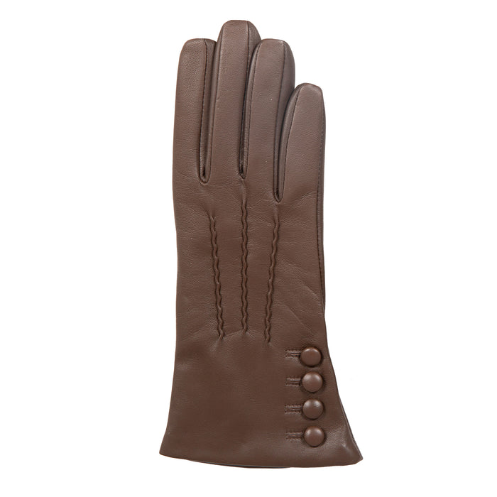 Women’s Touchscreen Three-Point Cashmere-Lined Leather Gloves with Buttons in mocca right