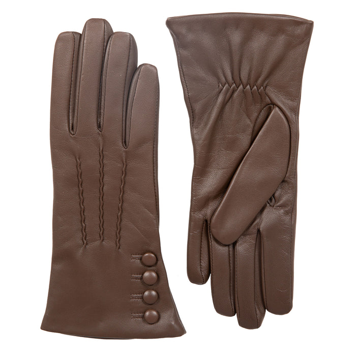 Women’s Touchscreen Three-Point Cashmere-Lined Leather Gloves with Buttons in mocca side