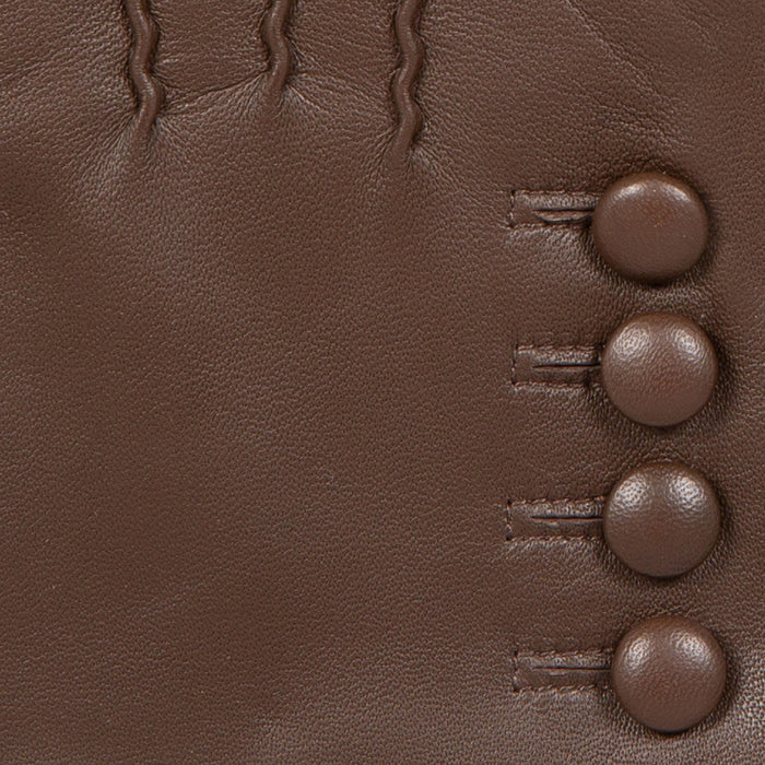 Women’s Touchscreen Three-Point Cashmere-Lined Leather Gloves with Buttons in mocca stitching