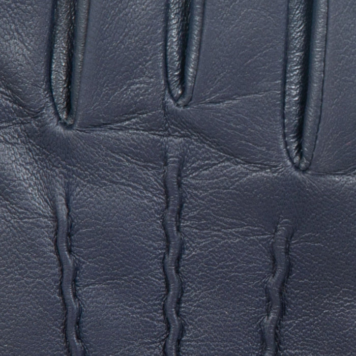 Women’s Touchscreen Three-Point Cashmere-Lined Leather Gloves with Buttons in navy fingers