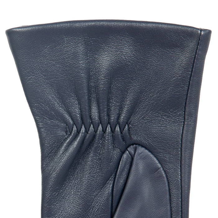 Women’s Touchscreen Three-Point Cashmere-Lined Leather Gloves with Buttons in navy left cuff