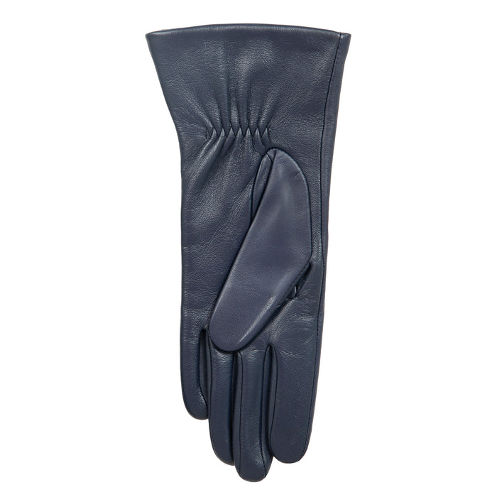 Women’s Touchscreen Three-Point Cashmere-Lined Leather Gloves with Buttons in navy left