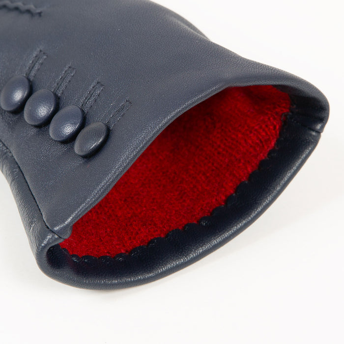 Women’s Touchscreen Three-Point Cashmere-Lined Leather Gloves with Buttons in navy open cuff