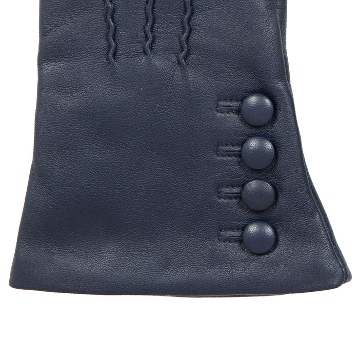 Women’s Touchscreen Three-Point Cashmere-Lined Leather Gloves with Buttons in navy right cuff