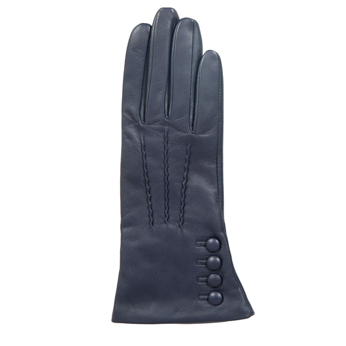 Women’s Touchscreen Three-Point Cashmere-Lined Leather Gloves with Buttons in navy right