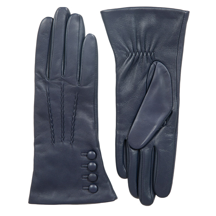 Women’s Touchscreen Three-Point Cashmere-Lined Leather Gloves with Buttons in navy side