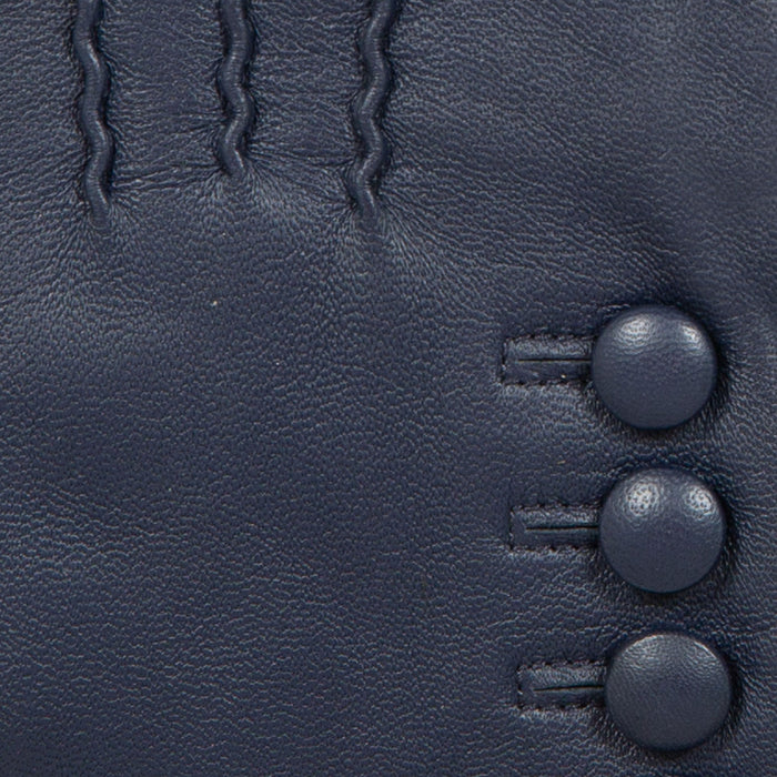 Women’s Touchscreen Three-Point Cashmere-Lined Leather Gloves with Buttons in navy stitching