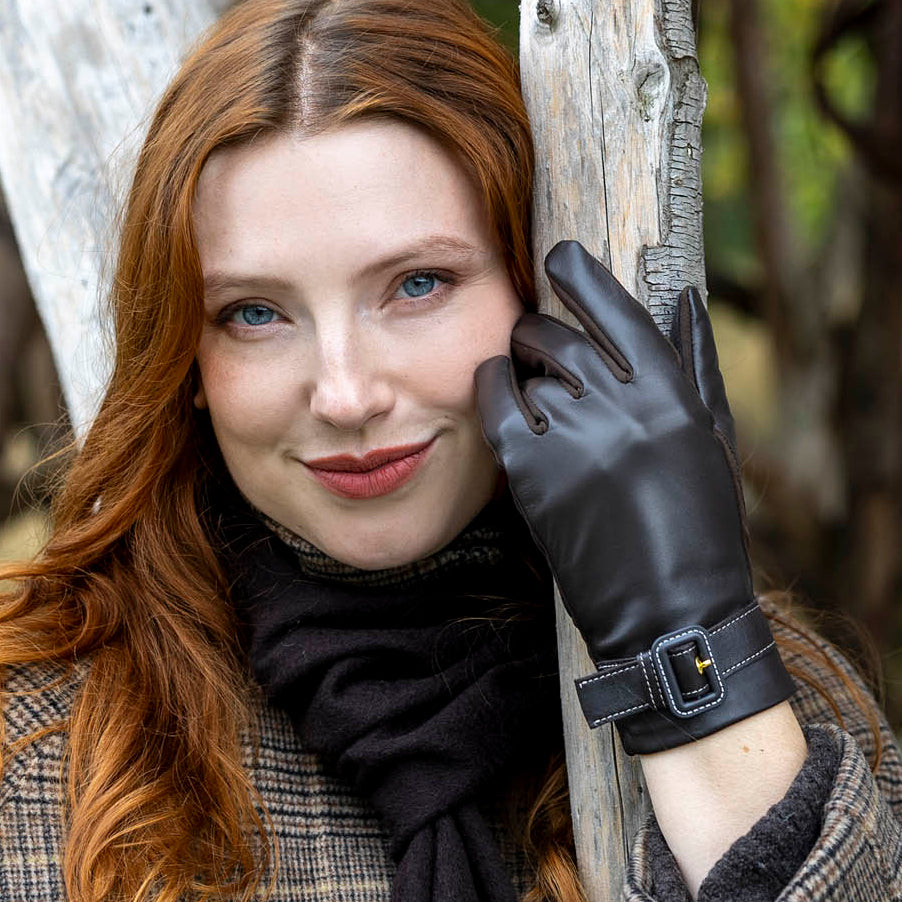 Women's Water-Resistant Faux Silk-Lined Leather and Fabric Gloves