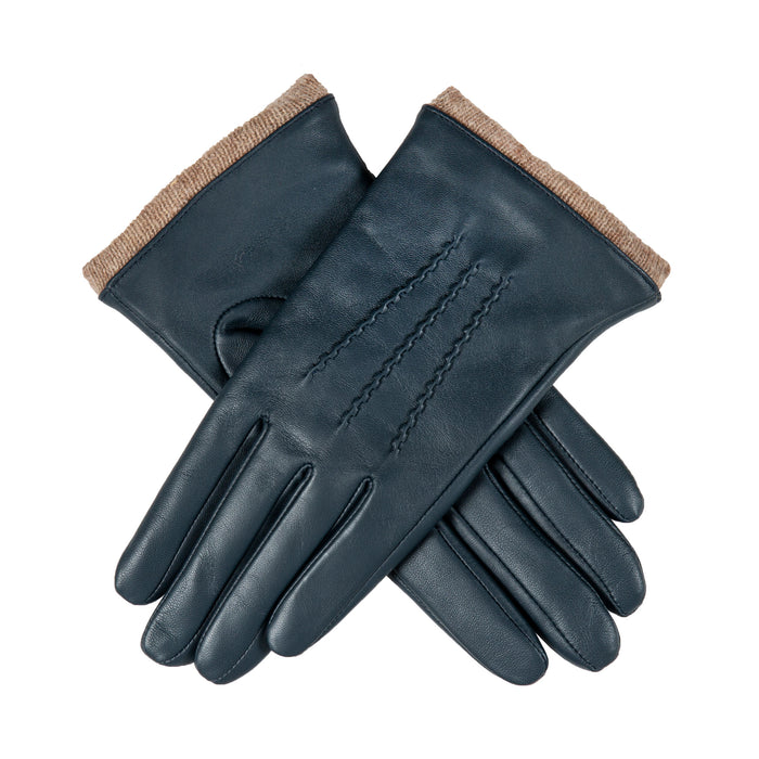 Women's Navy Three-Point Wool-Lined Leather Gloves with Knitted Cuffs