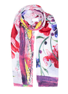 Women's Floral Print Lightweight Scarf with Border