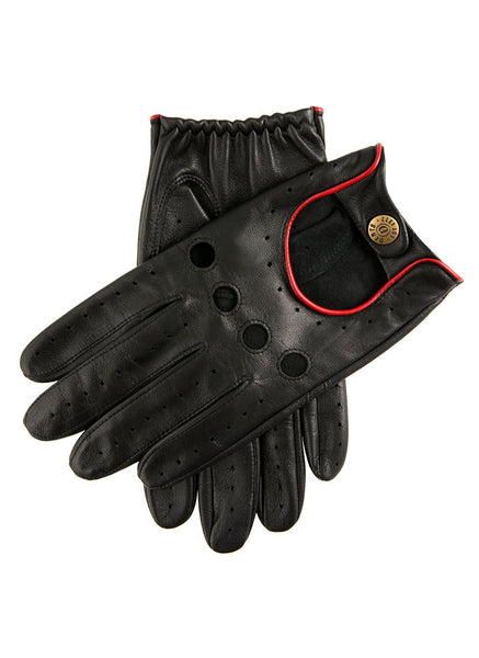 Men's leather driving gloves in Black with Berry red trim