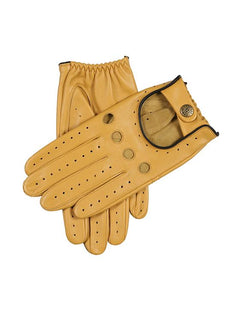 Men's leather driving gloves in Cork yellow with Black trim