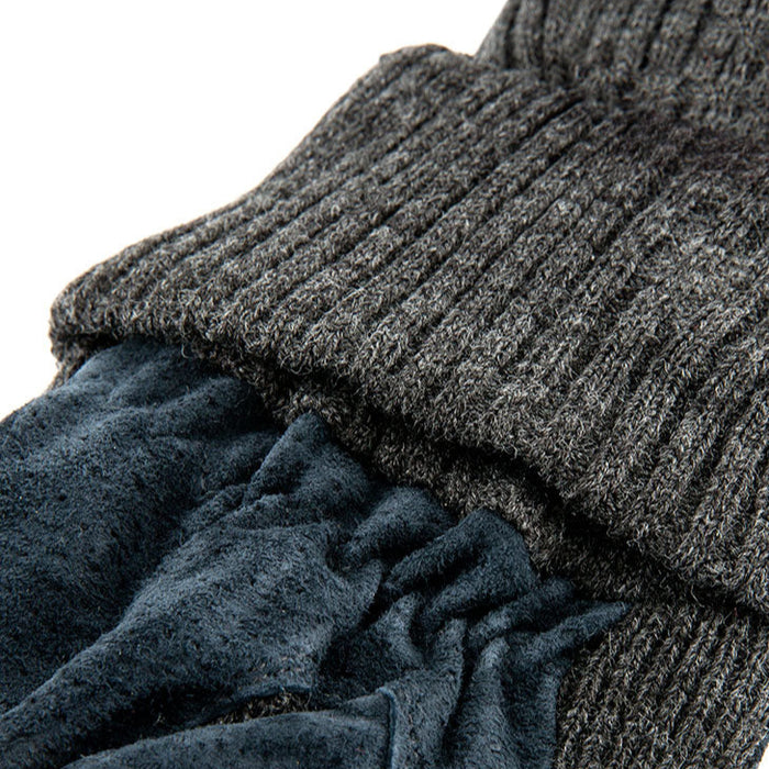 Men's Three Point Fleece Lined Suede Gloves Navy closeup