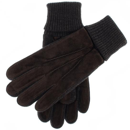 Men's Three Point Fleece Lined Suede Gloves Brown Charcoal