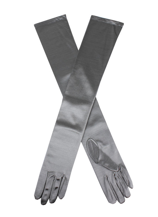 Women's long, opera-length satin gloves in Pewter grey