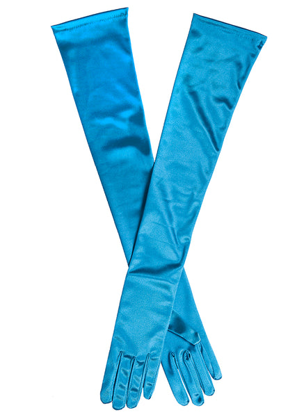 Women's long, opera-length satin gloves in Teal blue