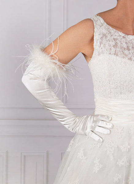 Women's Long Opera Satin Gloves with Feather Cuffs