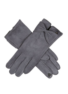 Women's Touchscreen Velour-Lined Faux Suede Gloves with Bow