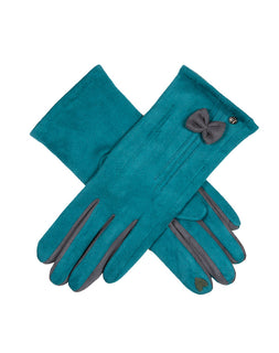 Women's Touchscreen Velour-Lined Faux Suede Gloves with Colour Contrast Details