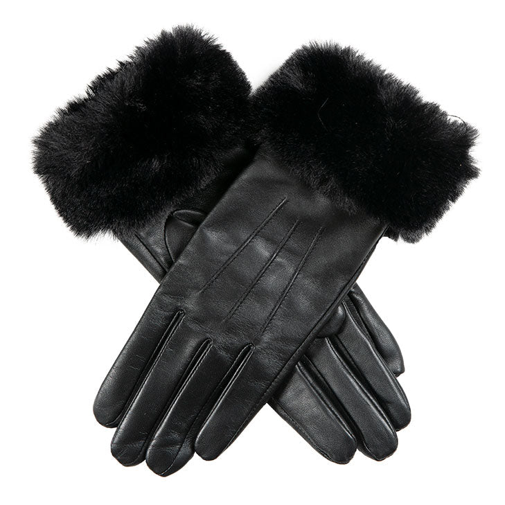 Women's Touchscreen Leather Gloves with Faux Fur Cuffs | Dents